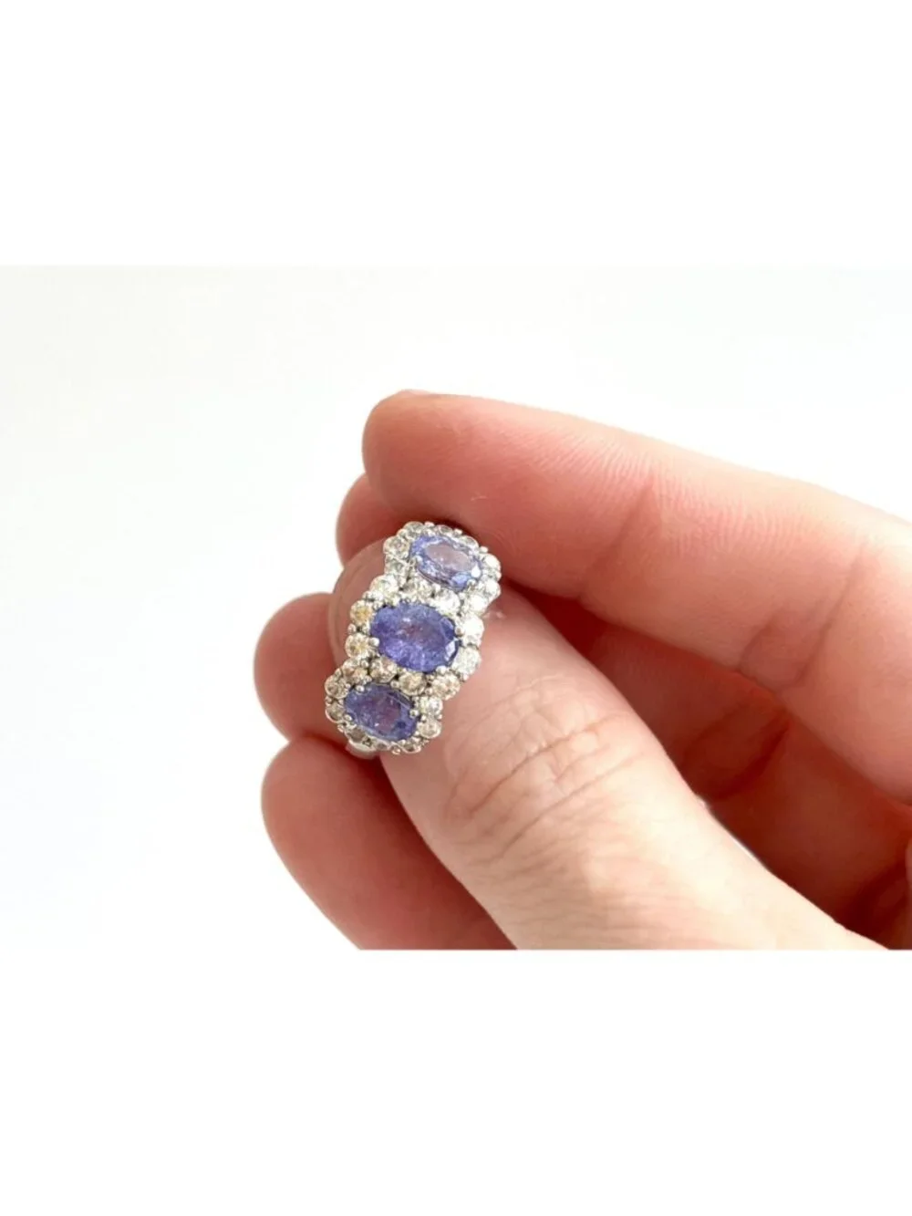 Tanzanite Gemstone Triple Oval Cut Halo Sterling Silver 925 Vintage Ring - sz 8